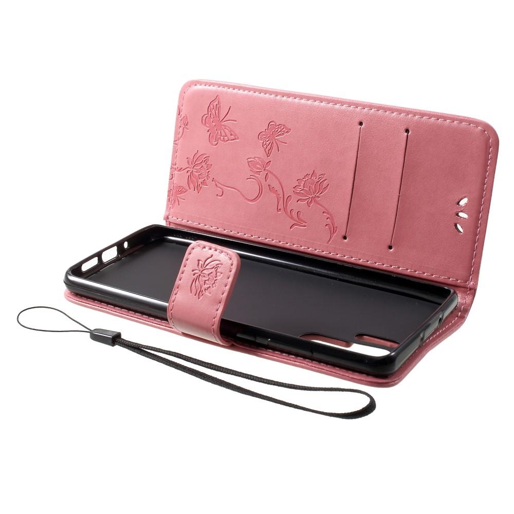 Funda de Cuero con Mariposas Huawei P30 Pro, Rosa