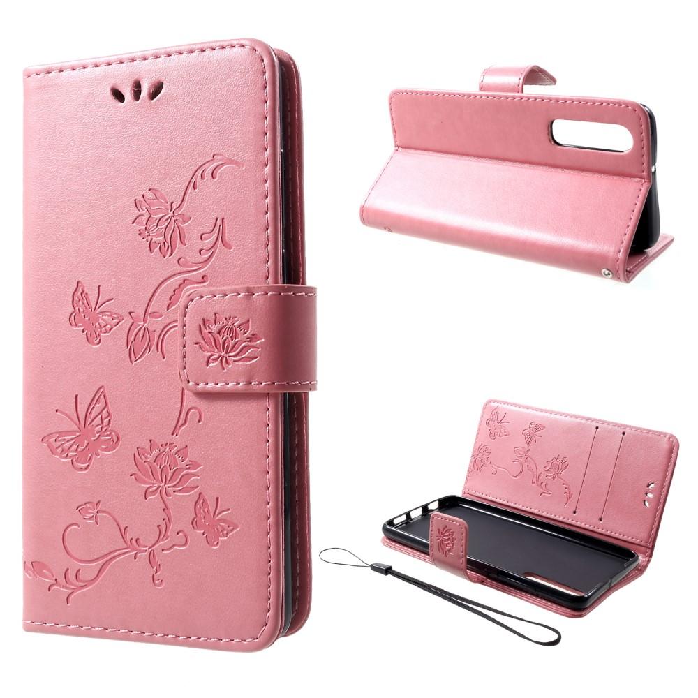 Funda de Cuero con Mariposas Huawei P30, Rosa