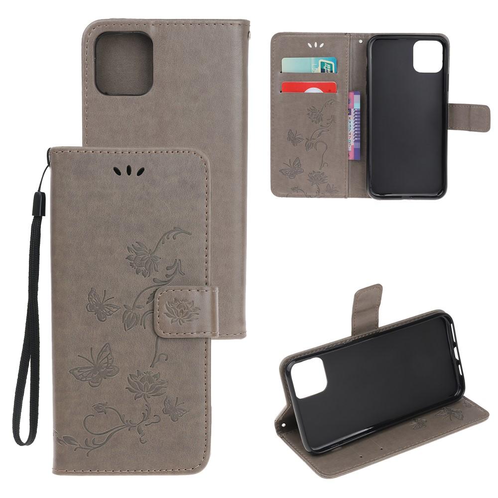 Funda de cuero con mariposas para iPhone 11, gris