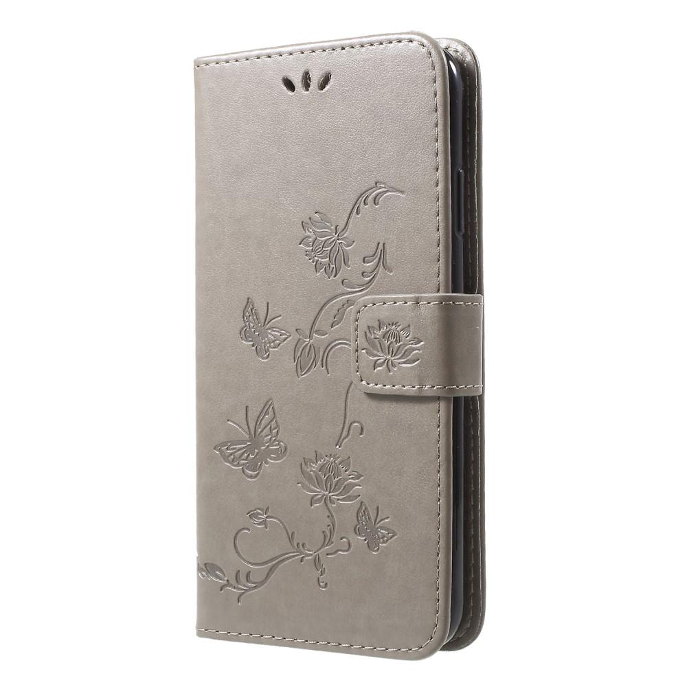 Funda de cuero con mariposas para iPhone Xr, gris