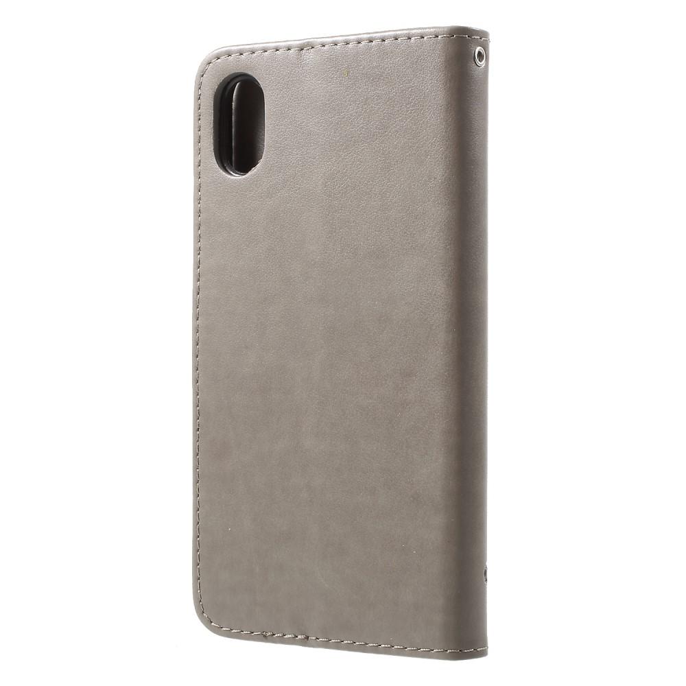 Funda de cuero con mariposas para iPhone Xr, gris