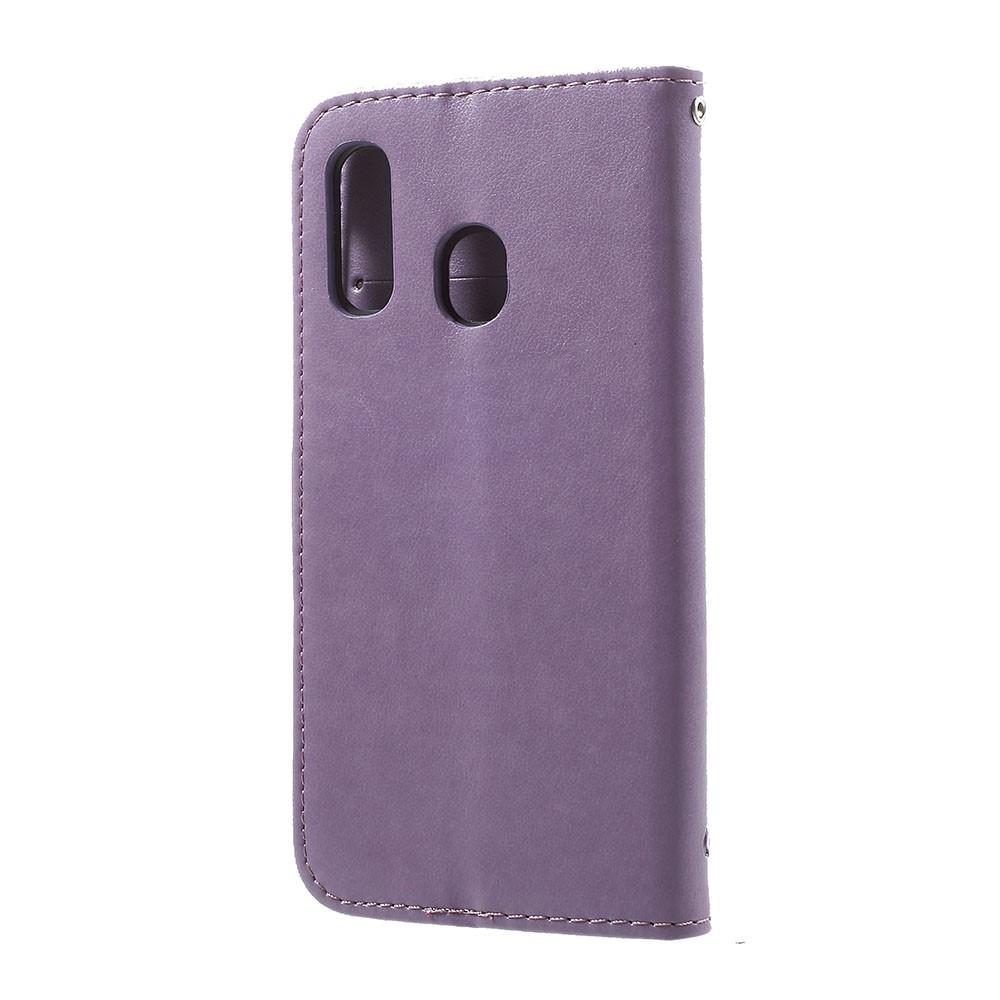 Funda de cuero con mariposas para Samsung Galaxy A20e, violeta