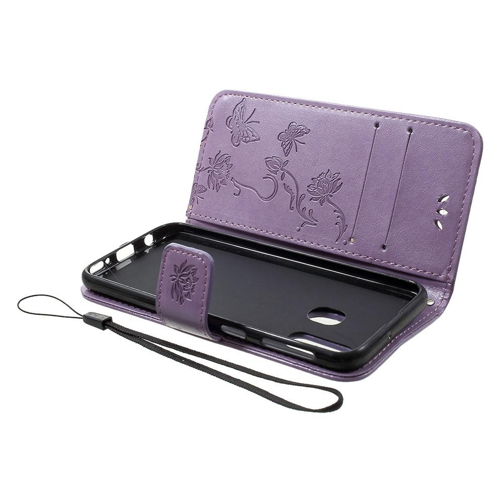 Funda de cuero con mariposas para Samsung Galaxy A20e, violeta