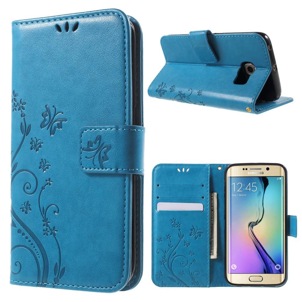 Funda de cuero con mariposas para Samsung Galaxy S6 Edge, azul