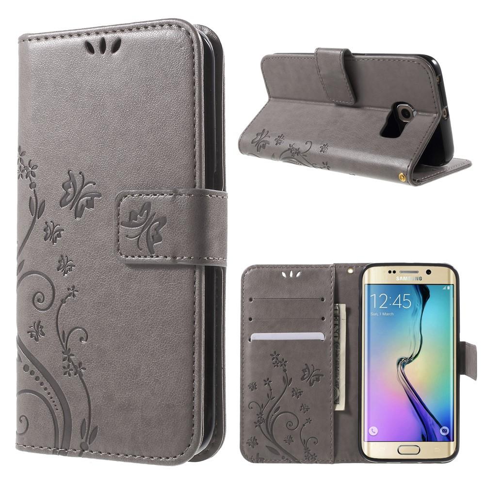 Funda de cuero con mariposas para Samsung Galaxy S6 Edge, gris