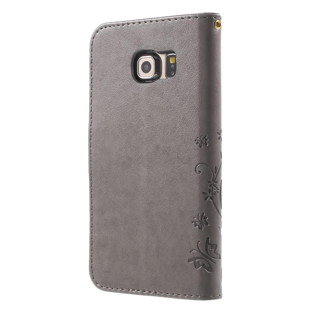 Funda de cuero con mariposas para Samsung Galaxy S6 Edge, gris