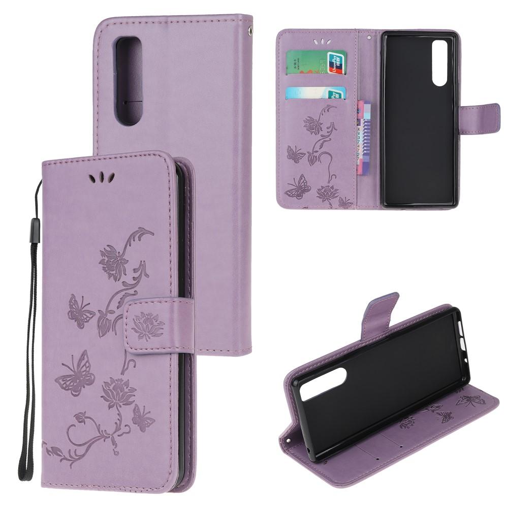 Funda de cuero con mariposas para Sony Xperia 5, violeta