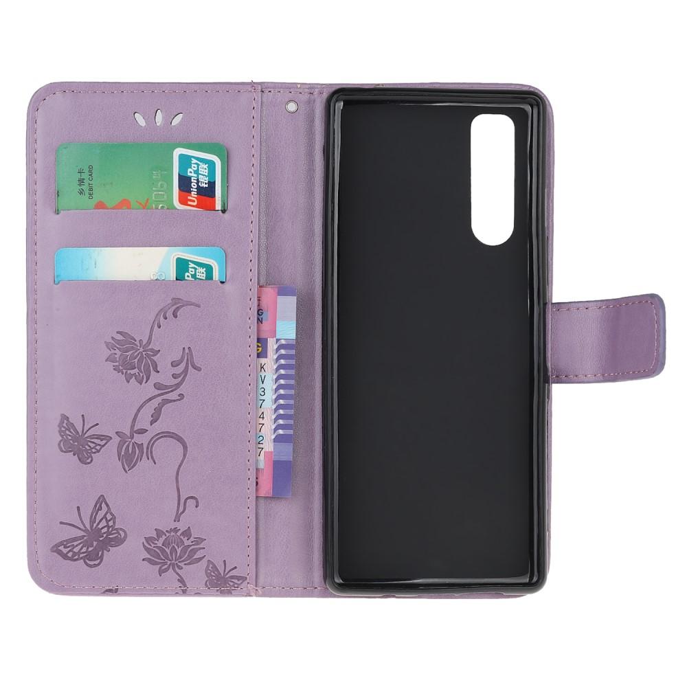 Funda de cuero con mariposas para Sony Xperia 5, violeta