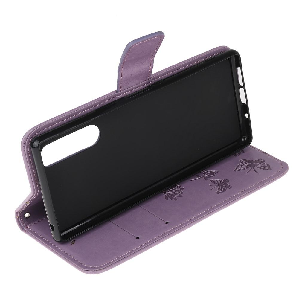 Funda de cuero con mariposas para Sony Xperia 5, violeta