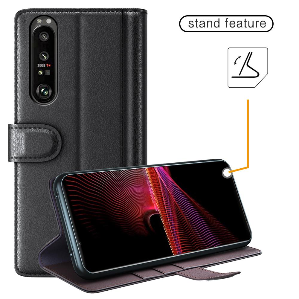 Funda de cuero genuino Sony Xperia 1 III, negro