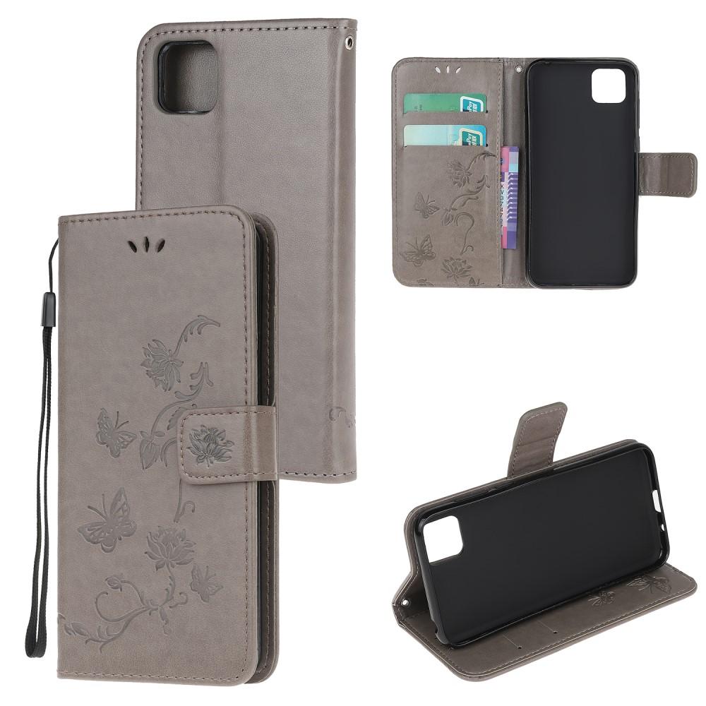 Funda de cuero con mariposas para Huawei Y5p, gris