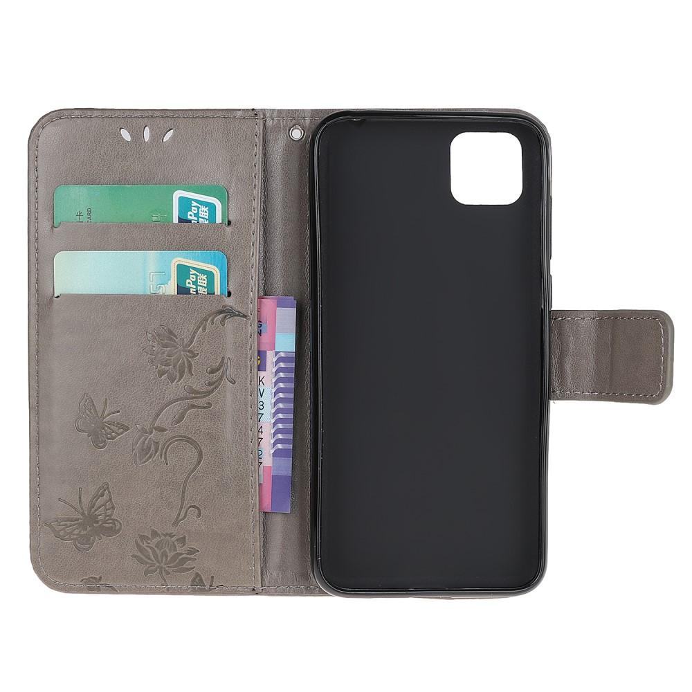 Funda de cuero con mariposas para Huawei Y5p, gris