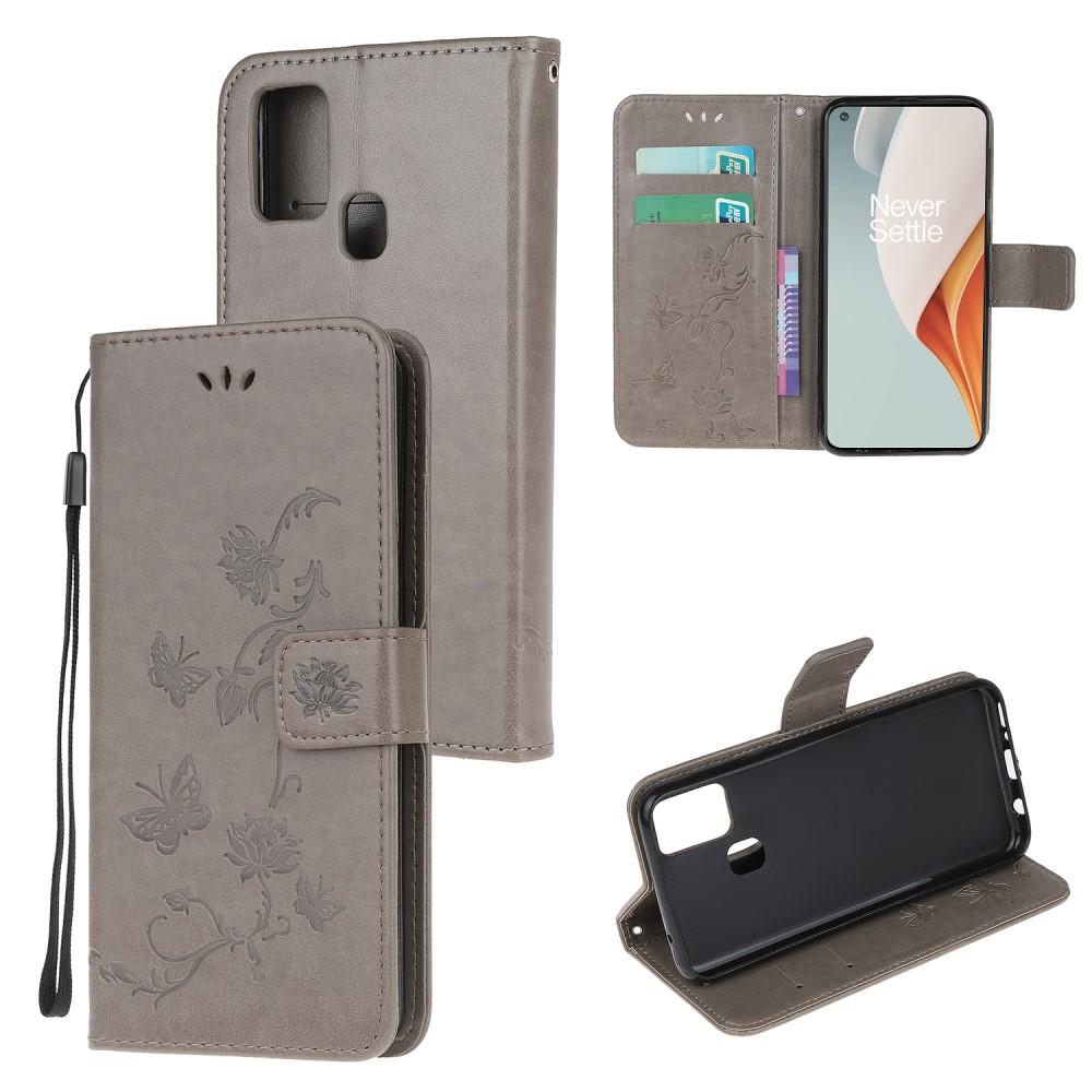 Funda de cuero con mariposas para OnePlus Nord N100, gris