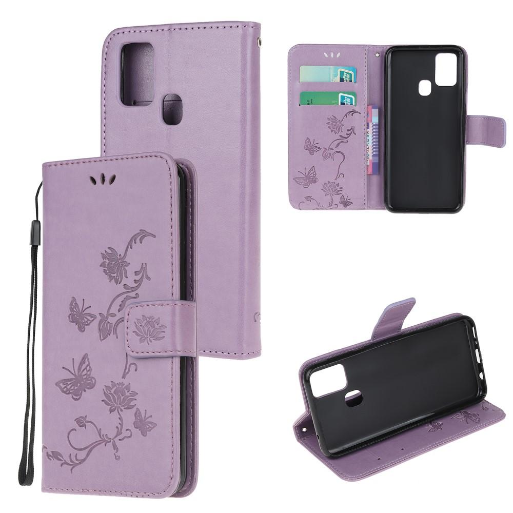 Funda de cuero con mariposas para Samsung Galaxy A21s, violeta