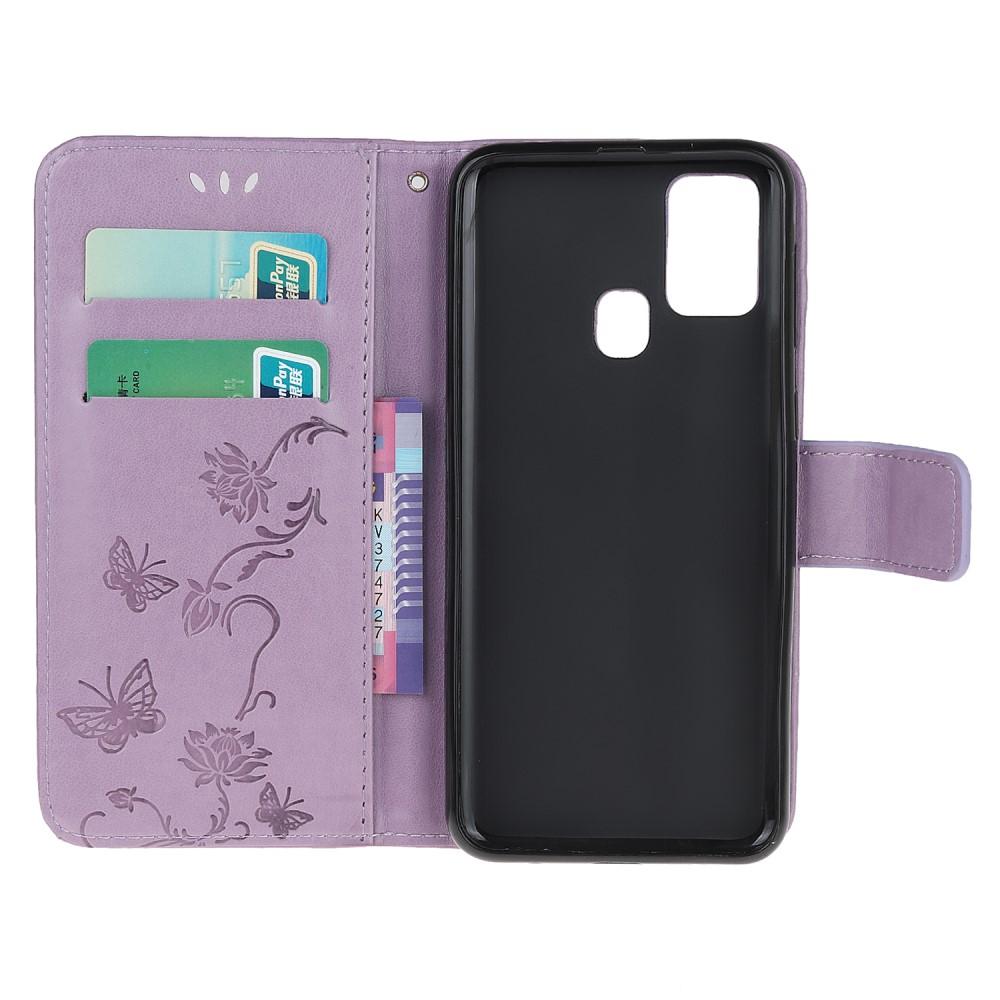 Funda de cuero con mariposas para Samsung Galaxy A21s, violeta