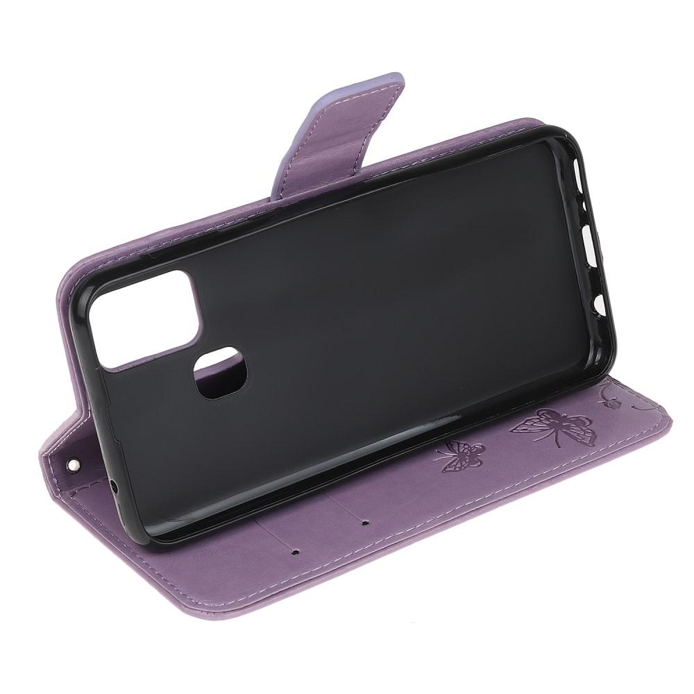 Funda de cuero con mariposas para Samsung Galaxy A21s, violeta