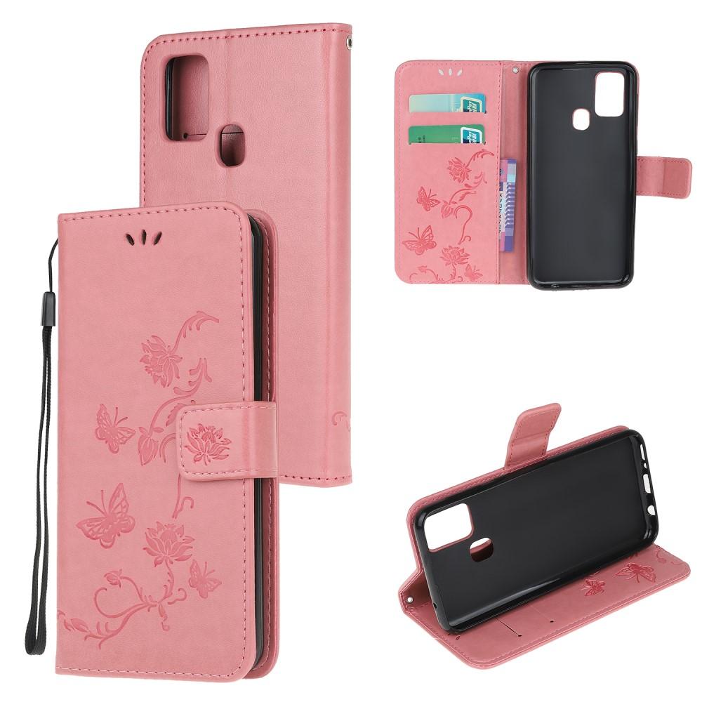 Funda de cuero con mariposas para Samsung Galaxy A21s, rosado