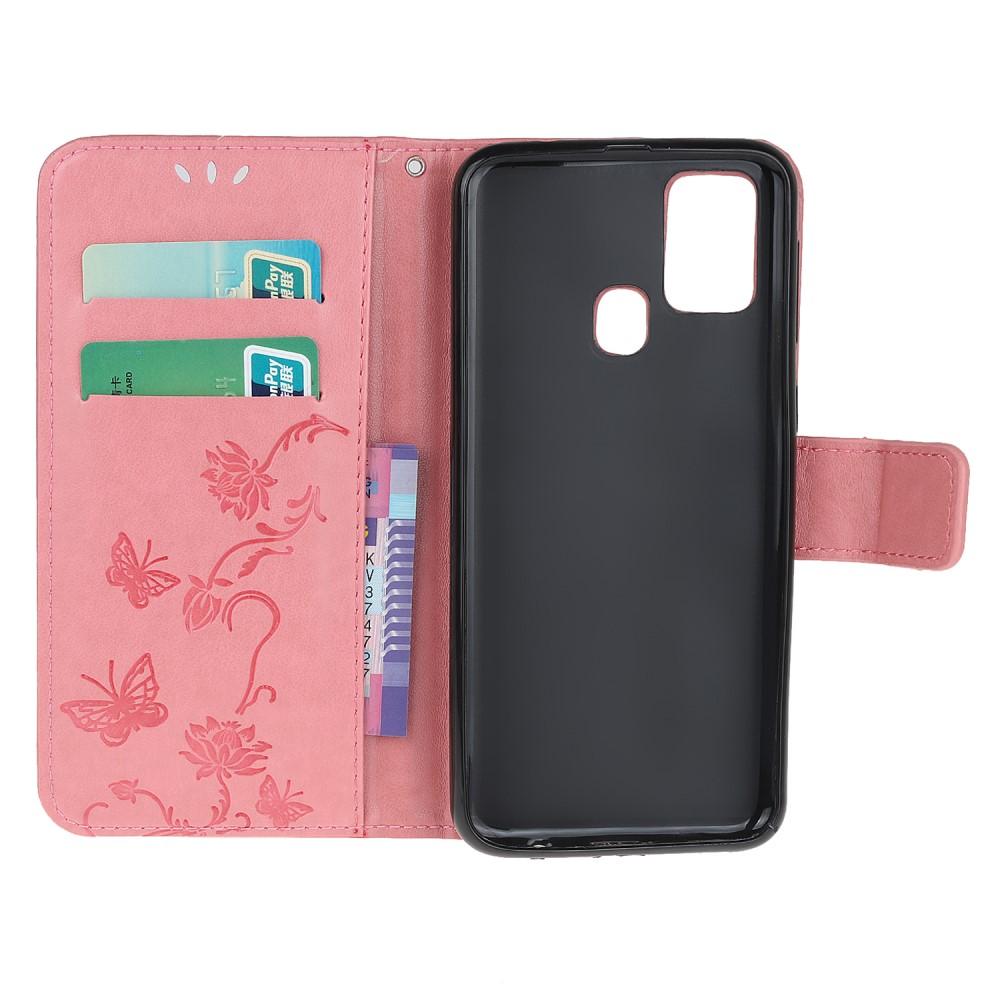 Funda de cuero con mariposas para Samsung Galaxy A21s, rosado