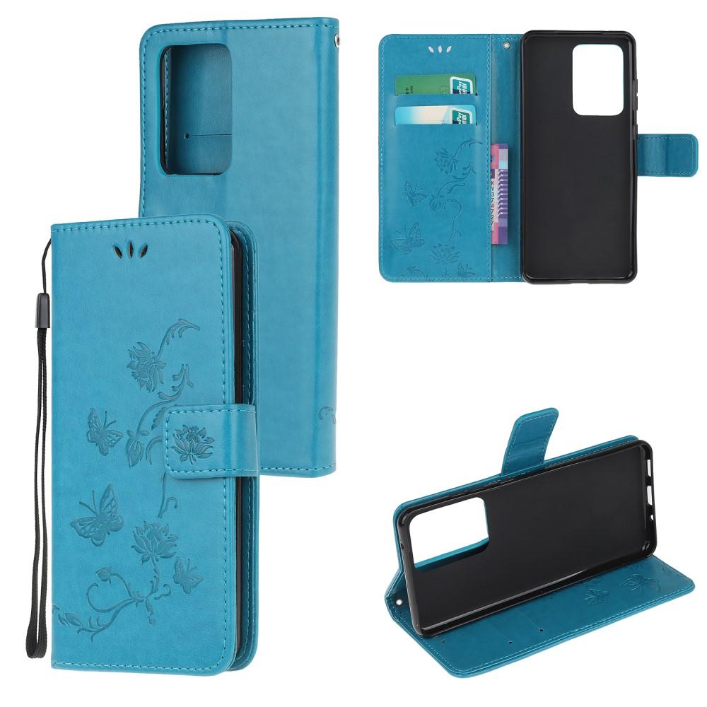 Funda de cuero con mariposas para Samsung Galaxy S21 Ultra, azul