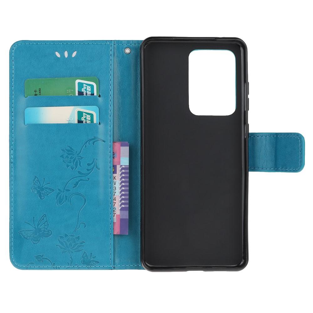 Funda de cuero con mariposas para Samsung Galaxy S21 Ultra, azul