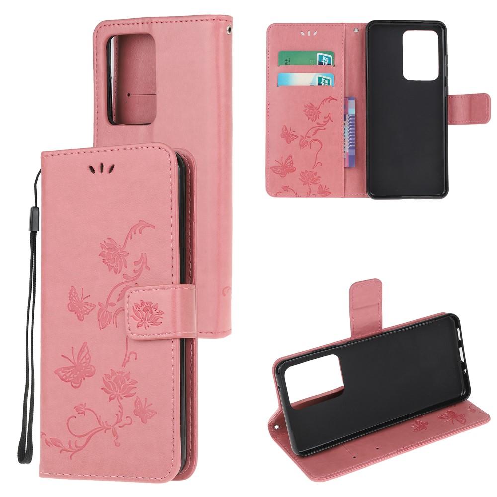 Funda de cuero con mariposas para Samsung Galaxy S21 Ultra, rosado