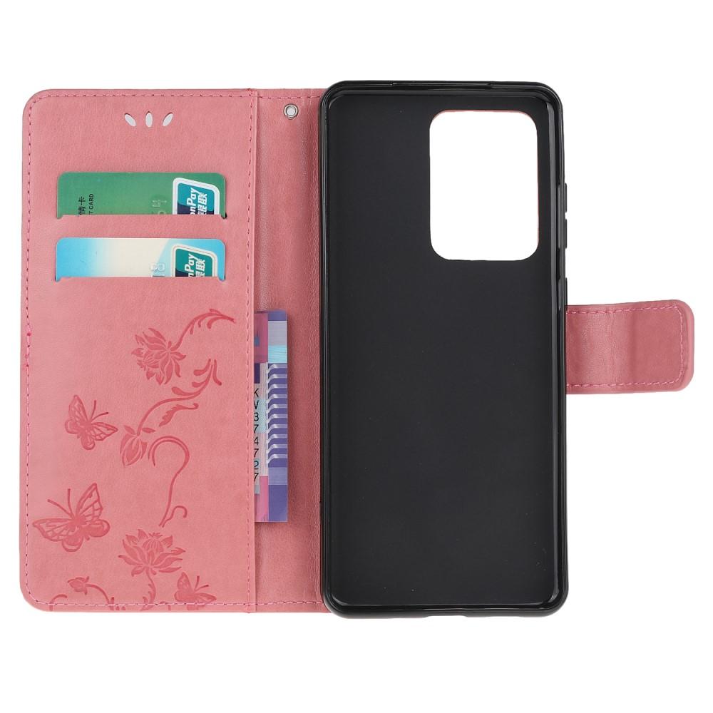 Funda de cuero con mariposas para Samsung Galaxy S21 Ultra, rosado