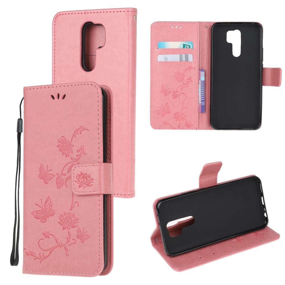 Funda de cuero con mariposas para Xiaomi Redmi 9, rosado